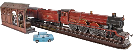 Image of a 4D Build toy train inspired by the Hogwarts Express from Harry Potter, featuring detailed punch-out pieces and intricate assembly. The train model captures the iconic look with realistic design elements and vibrant colors.